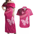 New Zealand Breast Cancer Awareness Couples Matching Off Shoulder Maxi Dress and Hawaiian Shirt Pink Ribbon Butterfly Maori Pattern
