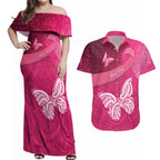 New Zealand Breast Cancer Awareness Couples Matching Off Shoulder Maxi Dress and Hawaiian Shirt Pink Ribbon Butterfly Maori Pattern