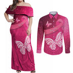 New Zealand Breast Cancer Awareness Couples Matching Off Shoulder Maxi Dress and Long Sleeve Button Shirt Pink Ribbon Butterfly Maori Pattern