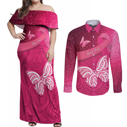 New Zealand Breast Cancer Awareness Couples Matching Off Shoulder Maxi Dress and Long Sleeve Button Shirt Pink Ribbon Butterfly Maori Pattern