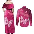 New Zealand Breast Cancer Awareness Couples Matching Off Shoulder Maxi Dress and Long Sleeve Button Shirt Pink Ribbon Butterfly Maori Pattern