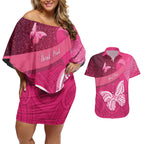 New Zealand Breast Cancer Awareness Couples Matching Off Shoulder Short Dress and Hawaiian Shirt Pink Ribbon Butterfly Maori Pattern