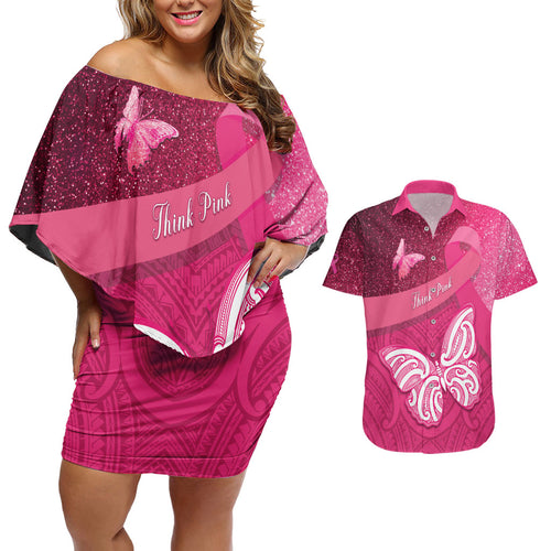 New Zealand Breast Cancer Awareness Couples Matching Off Shoulder Short Dress and Hawaiian Shirt Pink Ribbon Butterfly Maori Pattern