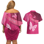 New Zealand Breast Cancer Awareness Couples Matching Off Shoulder Short Dress and Hawaiian Shirt Pink Ribbon Butterfly Maori Pattern