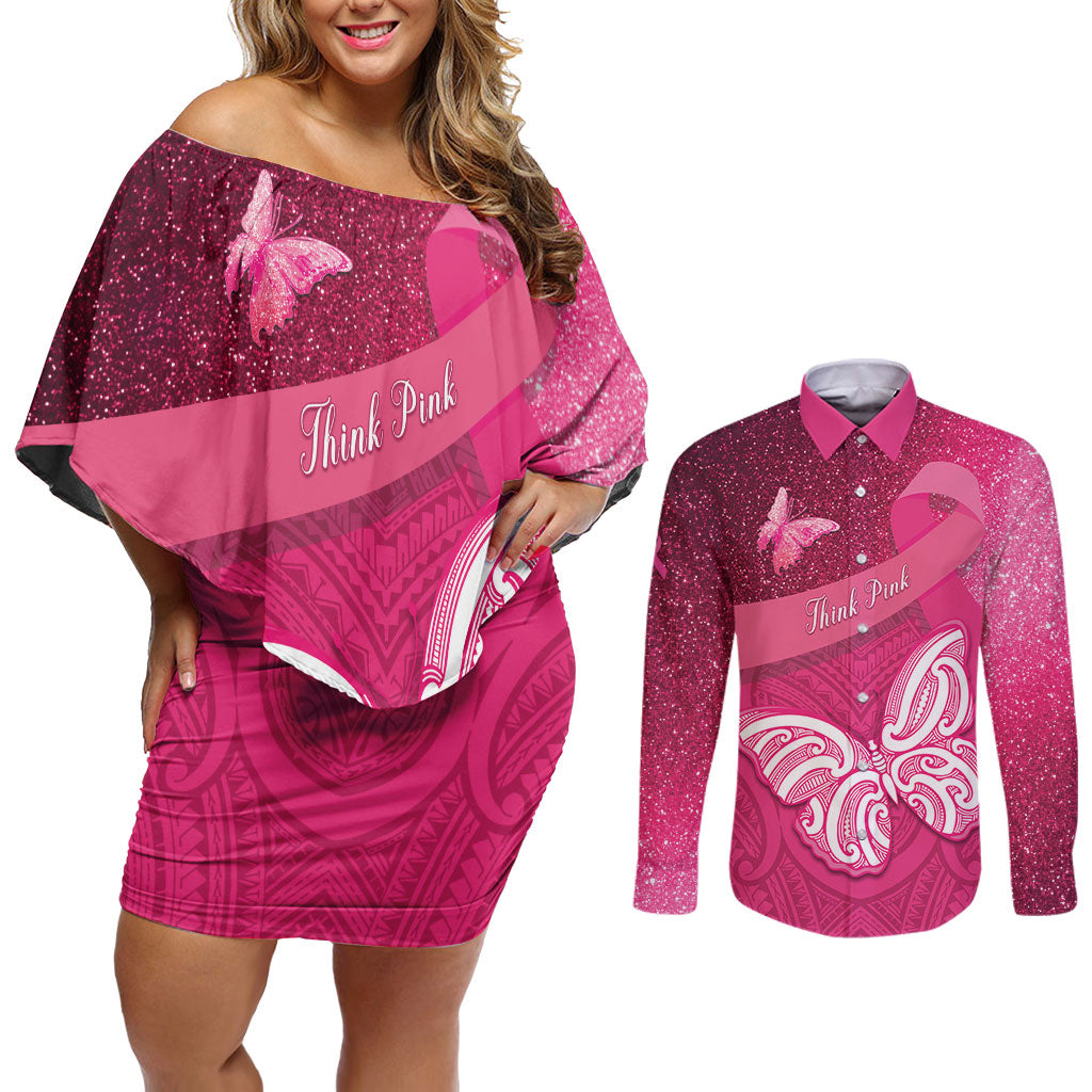 New Zealand Breast Cancer Awareness Couples Matching Off Shoulder Short Dress and Long Sleeve Button Shirt Pink Ribbon Butterfly Maori Pattern
