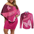 New Zealand Breast Cancer Awareness Couples Matching Off Shoulder Short Dress and Long Sleeve Button Shirt Pink Ribbon Butterfly Maori Pattern