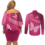 New Zealand Breast Cancer Awareness Couples Matching Off Shoulder Short Dress and Long Sleeve Button Shirt Pink Ribbon Butterfly Maori Pattern