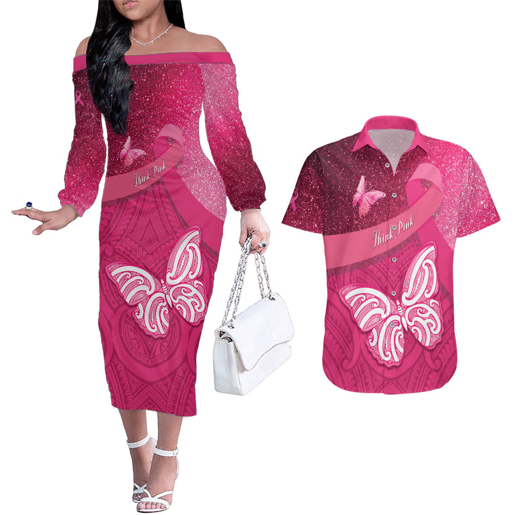 New Zealand Breast Cancer Awareness Couples Matching Off The Shoulder Long Sleeve Dress and Hawaiian Shirt Pink Ribbon Butterfly Maori Pattern