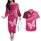 New Zealand Breast Cancer Awareness Couples Matching Off The Shoulder Long Sleeve Dress and Hawaiian Shirt Pink Ribbon Butterfly Maori Pattern