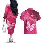 New Zealand Breast Cancer Awareness Couples Matching Off The Shoulder Long Sleeve Dress and Hawaiian Shirt Pink Ribbon Butterfly Maori Pattern