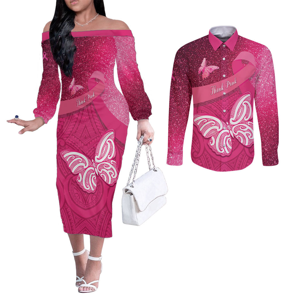 New Zealand Breast Cancer Awareness Couples Matching Off The Shoulder Long Sleeve Dress and Long Sleeve Button Shirt Pink Ribbon Butterfly Maori Pattern