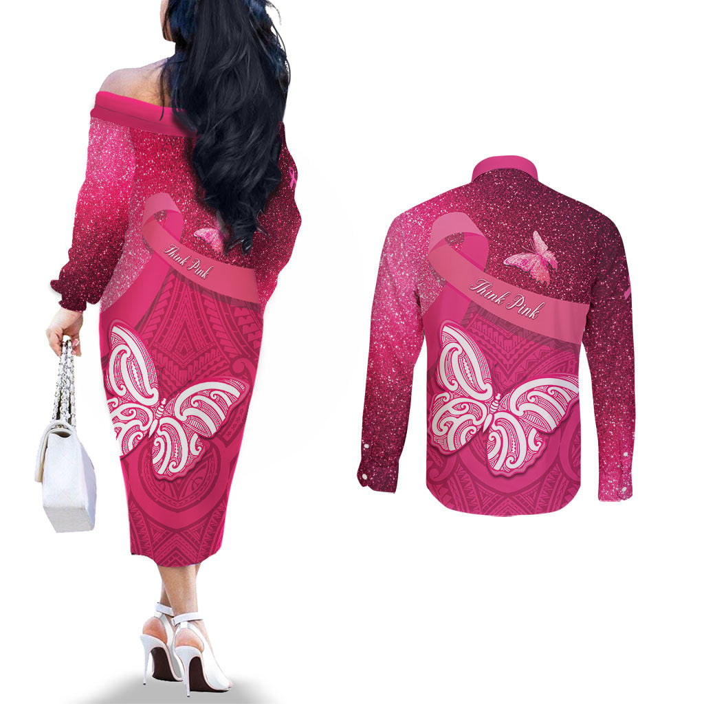 New Zealand Breast Cancer Awareness Couples Matching Off The Shoulder Long Sleeve Dress and Long Sleeve Button Shirt Pink Ribbon Butterfly Maori Pattern