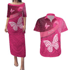 New Zealand Breast Cancer Awareness Couples Matching Puletasi and Hawaiian Shirt Pink Ribbon Butterfly Maori Pattern