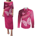 New Zealand Breast Cancer Awareness Couples Matching Puletasi and Long Sleeve Button Shirt Pink Ribbon Butterfly Maori Pattern