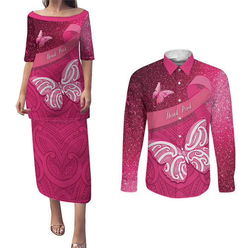 New Zealand Breast Cancer Awareness Couples Matching Puletasi and Long Sleeve Button Shirt Pink Ribbon Butterfly Maori Pattern