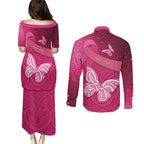 New Zealand Breast Cancer Awareness Couples Matching Puletasi and Long Sleeve Button Shirt Pink Ribbon Butterfly Maori Pattern
