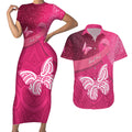 New Zealand Breast Cancer Awareness Couples Matching Short Sleeve Bodycon Dress and Hawaiian Shirt Pink Ribbon Butterfly Maori Pattern