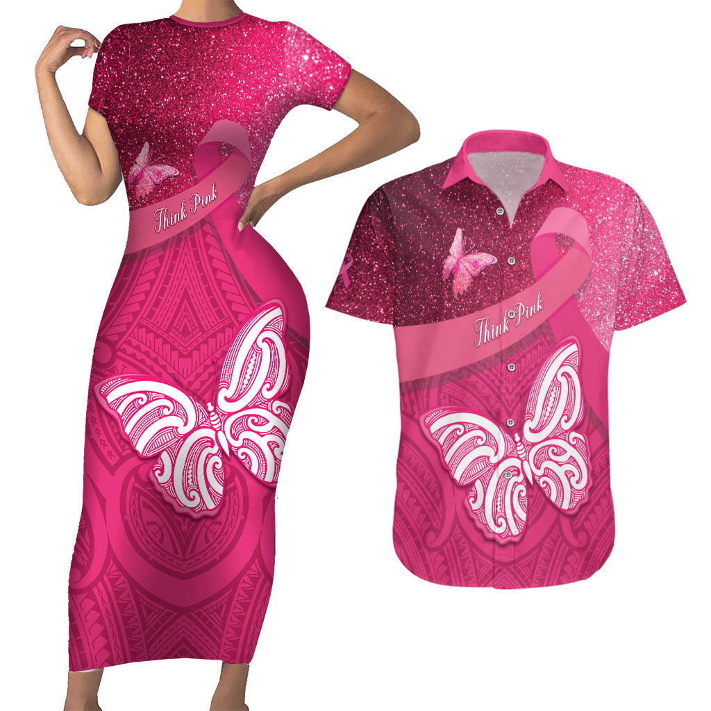 New Zealand Breast Cancer Awareness Couples Matching Short Sleeve Bodycon Dress and Hawaiian Shirt Pink Ribbon Butterfly Maori Pattern