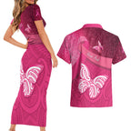 New Zealand Breast Cancer Awareness Couples Matching Short Sleeve Bodycon Dress and Hawaiian Shirt Pink Ribbon Butterfly Maori Pattern