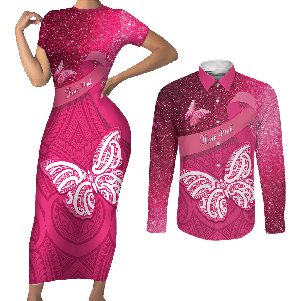 New Zealand Breast Cancer Awareness Couples Matching Short Sleeve Bodycon Dress and Long Sleeve Button Shirt Pink Ribbon Butterfly Maori Pattern