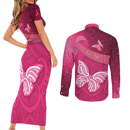 New Zealand Breast Cancer Awareness Couples Matching Short Sleeve Bodycon Dress and Long Sleeve Button Shirt Pink Ribbon Butterfly Maori Pattern