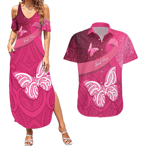 New Zealand Breast Cancer Awareness Couples Matching Summer Maxi Dress and Hawaiian Shirt Pink Ribbon Butterfly Maori Pattern