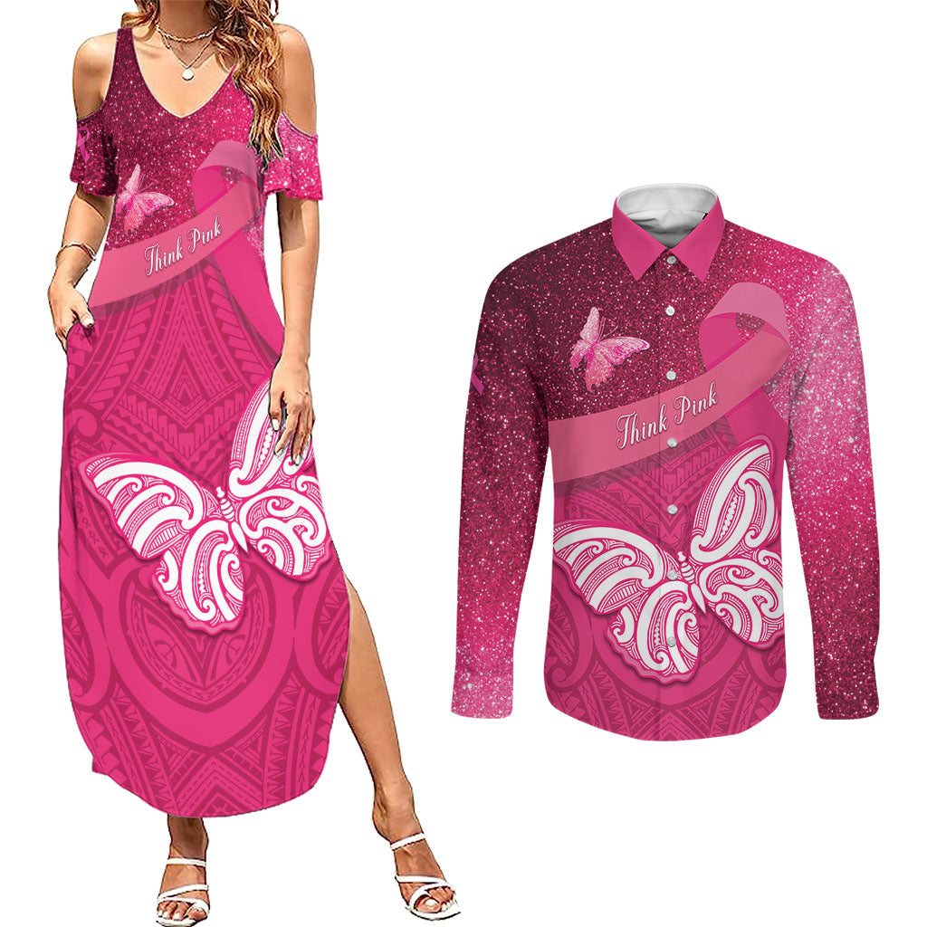 New Zealand Breast Cancer Awareness Couples Matching Summer Maxi Dress and Long Sleeve Button Shirt Pink Ribbon Butterfly Maori Pattern