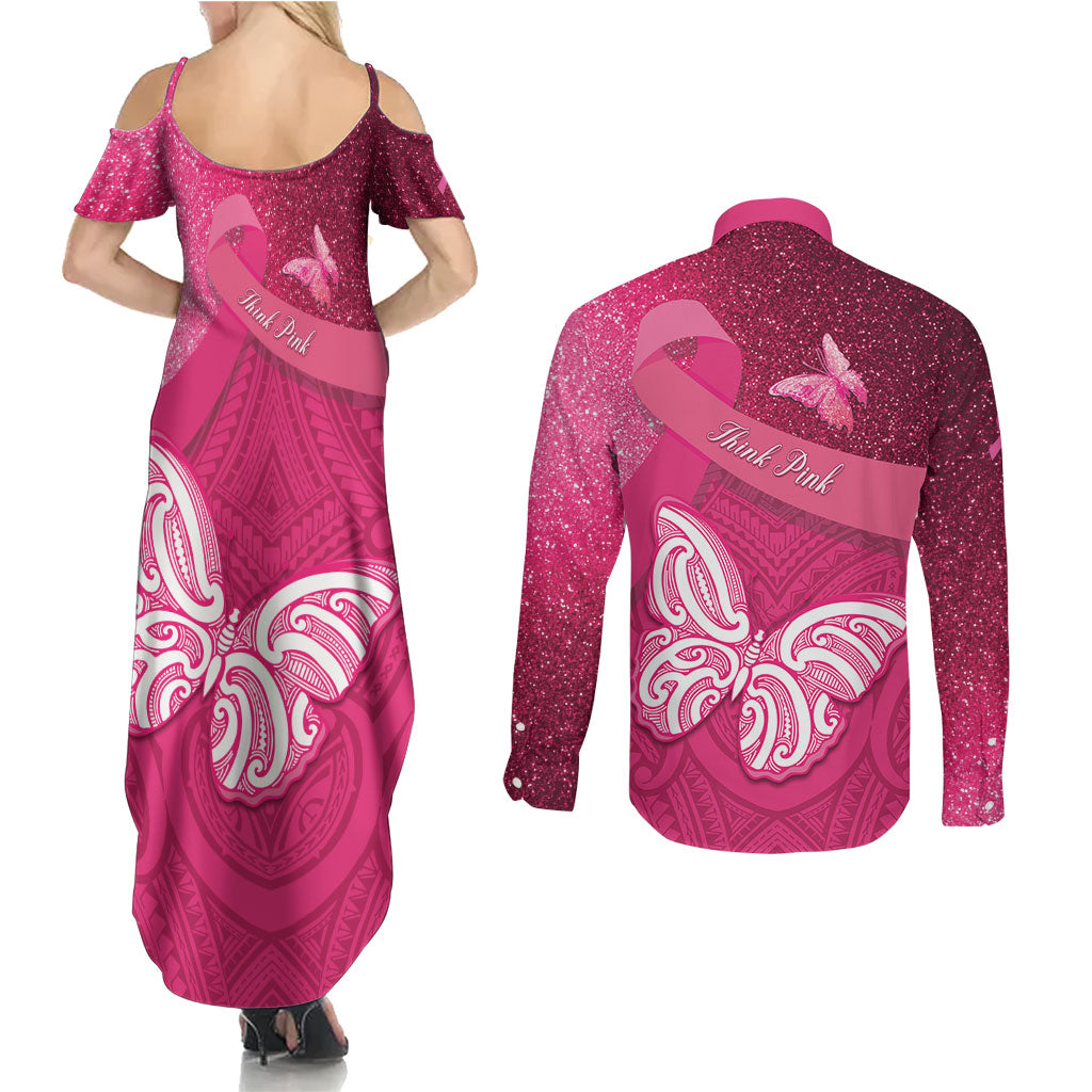 New Zealand Breast Cancer Awareness Couples Matching Summer Maxi Dress and Long Sleeve Button Shirt Pink Ribbon Butterfly Maori Pattern