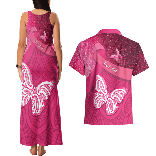 New Zealand Breast Cancer Awareness Couples Matching Tank Maxi Dress and Hawaiian Shirt Pink Ribbon Butterfly Maori Pattern