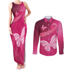 New Zealand Breast Cancer Awareness Couples Matching Tank Maxi Dress and Long Sleeve Button Shirt Pink Ribbon Butterfly Maori Pattern