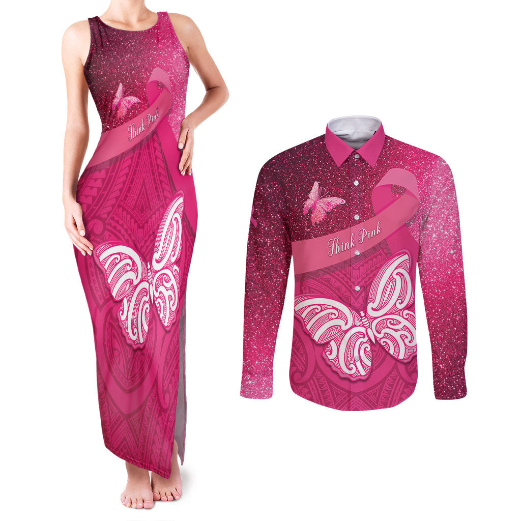 New Zealand Breast Cancer Awareness Couples Matching Tank Maxi Dress and Long Sleeve Button Shirt Pink Ribbon Butterfly Maori Pattern