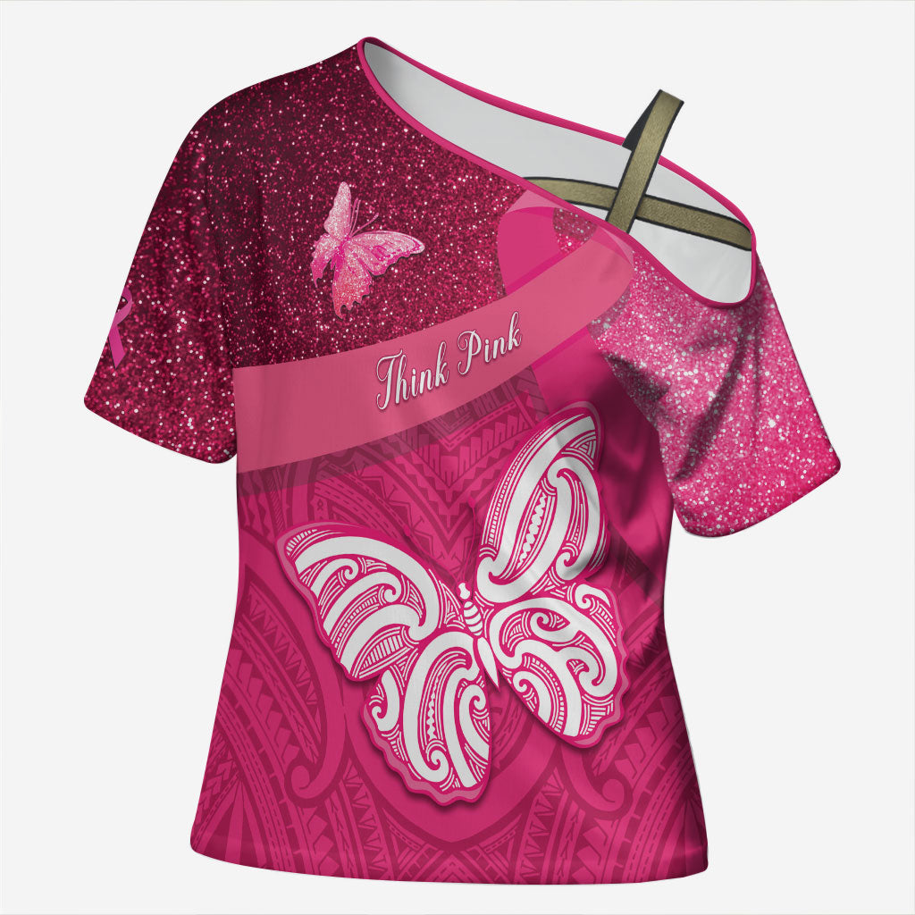 New Zealand Breast Cancer Awareness Cross Shoulder Shirt Pink Ribbon Butterfly Maori Pattern