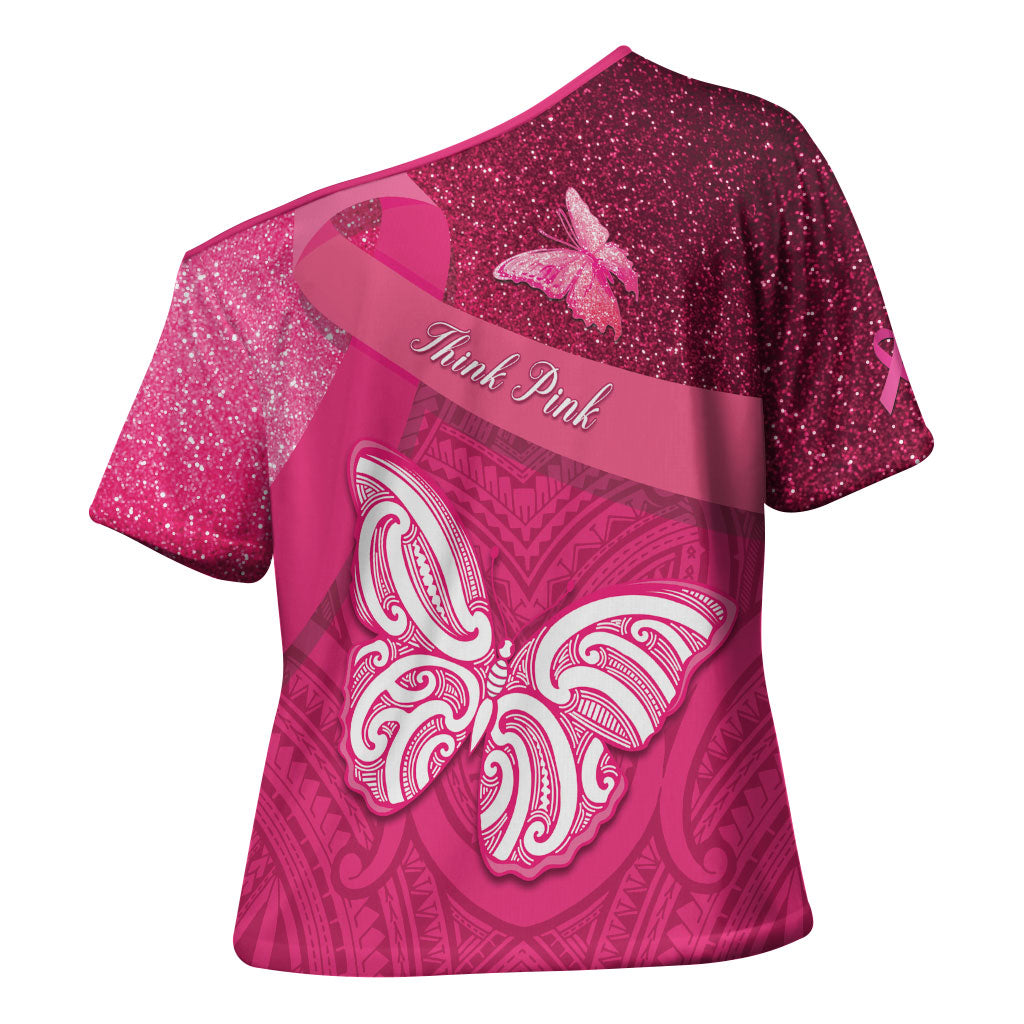 New Zealand Breast Cancer Awareness Cross Shoulder Shirt Pink Ribbon Butterfly Maori Pattern