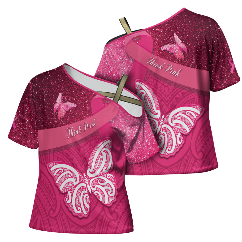 New Zealand Breast Cancer Awareness Cross Shoulder Shirt Pink Ribbon Butterfly Maori Pattern