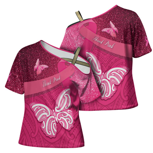 New Zealand Breast Cancer Awareness Cross Shoulder Shirt Pink Ribbon Butterfly Maori Pattern