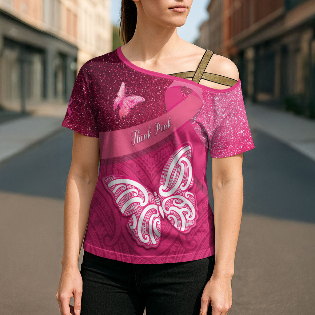 New Zealand Breast Cancer Awareness Cross Shoulder Shirt Pink Ribbon Butterfly Maori Pattern