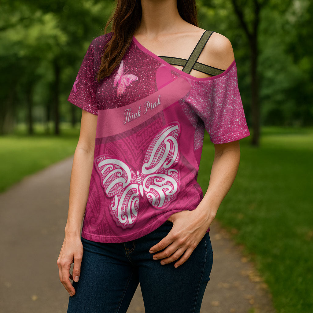 New Zealand Breast Cancer Awareness Cross Shoulder Shirt Pink Ribbon Butterfly Maori Pattern