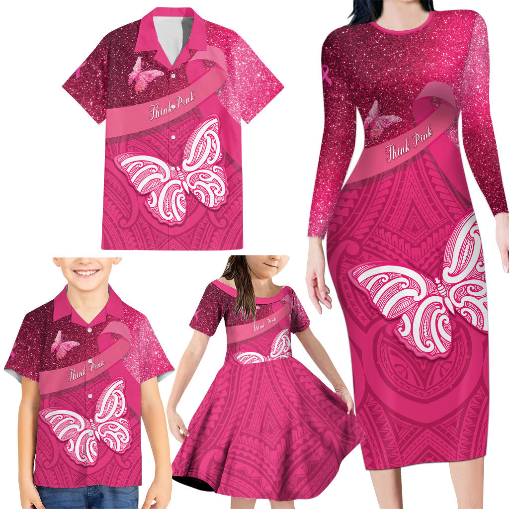 New Zealand Breast Cancer Awareness Family Matching Long Sleeve Bodycon Dress and Hawaiian Shirt Pink Ribbon Butterfly Maori Pattern