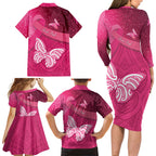 New Zealand Breast Cancer Awareness Family Matching Long Sleeve Bodycon Dress and Hawaiian Shirt Pink Ribbon Butterfly Maori Pattern