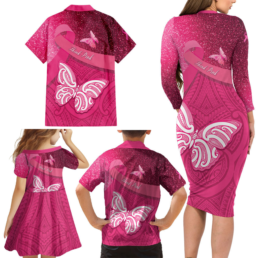 New Zealand Breast Cancer Awareness Family Matching Long Sleeve Bodycon Dress and Hawaiian Shirt Pink Ribbon Butterfly Maori Pattern