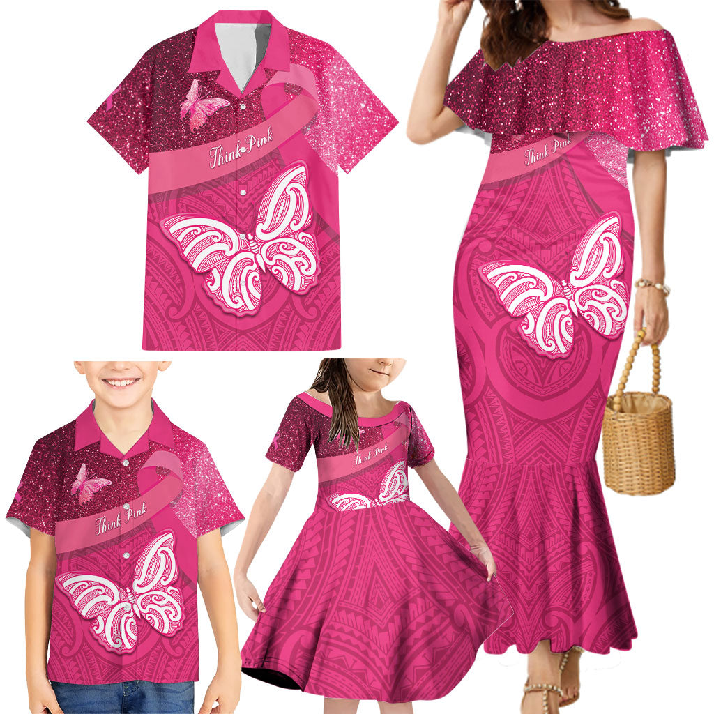 New Zealand Breast Cancer Awareness Family Matching Mermaid Dress and Hawaiian Shirt Pink Ribbon Butterfly Maori Pattern