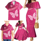 New Zealand Breast Cancer Awareness Family Matching Mermaid Dress and Hawaiian Shirt Pink Ribbon Butterfly Maori Pattern