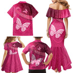 New Zealand Breast Cancer Awareness Family Matching Mermaid Dress and Hawaiian Shirt Pink Ribbon Butterfly Maori Pattern