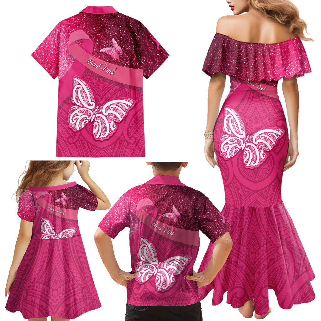 New Zealand Breast Cancer Awareness Family Matching Mermaid Dress and Hawaiian Shirt Pink Ribbon Butterfly Maori Pattern