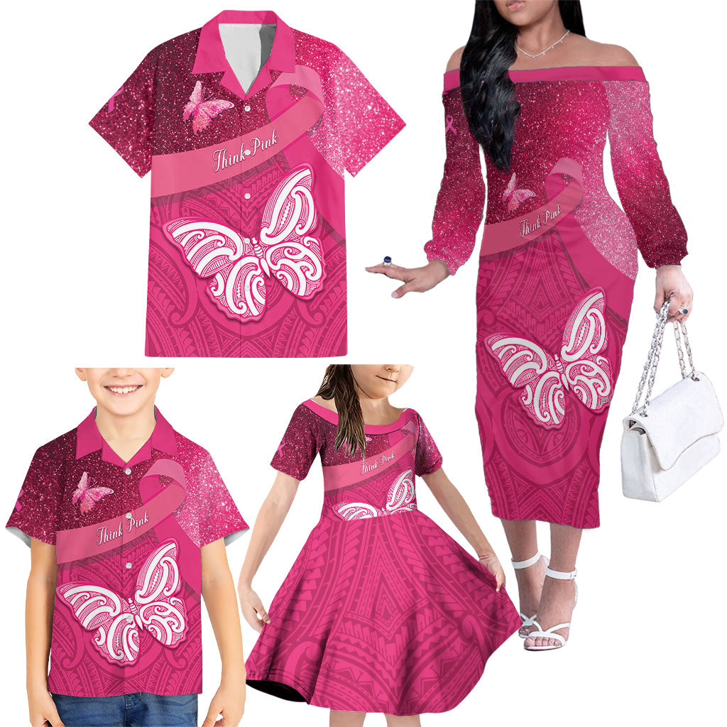 New Zealand Breast Cancer Awareness Family Matching Off The Shoulder Long Sleeve Dress and Hawaiian Shirt Pink Ribbon Butterfly Maori Pattern