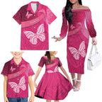 New Zealand Breast Cancer Awareness Family Matching Off The Shoulder Long Sleeve Dress and Hawaiian Shirt Pink Ribbon Butterfly Maori Pattern