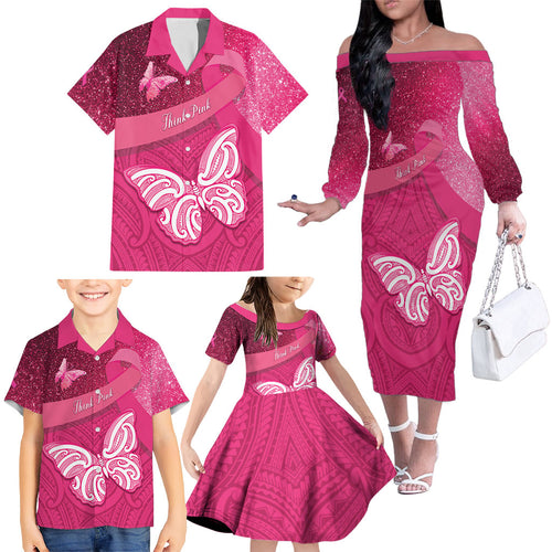 New Zealand Breast Cancer Awareness Family Matching Off The Shoulder Long Sleeve Dress and Hawaiian Shirt Pink Ribbon Butterfly Maori Pattern