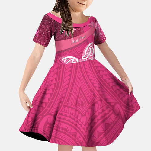 New Zealand Breast Cancer Awareness Family Matching Off The Shoulder Long Sleeve Dress and Hawaiian Shirt Pink Ribbon Butterfly Maori Pattern