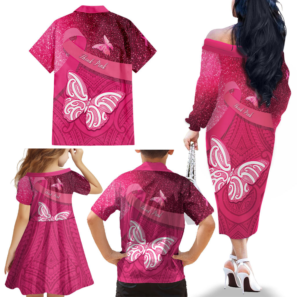 New Zealand Breast Cancer Awareness Family Matching Off The Shoulder Long Sleeve Dress and Hawaiian Shirt Pink Ribbon Butterfly Maori Pattern