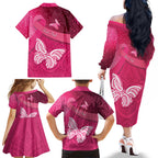 New Zealand Breast Cancer Awareness Family Matching Off The Shoulder Long Sleeve Dress and Hawaiian Shirt Pink Ribbon Butterfly Maori Pattern